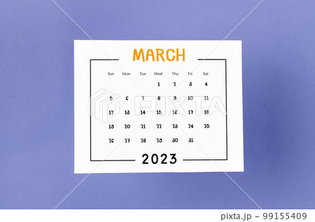 The March 2023 Monthly calendar for 2023 year on purple background. 99155409