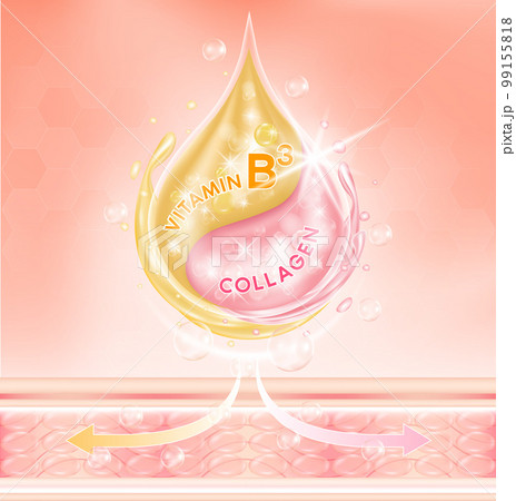 Drop serum pink collagen solution serum and orange vitamin B3 penetrate into the skin, making the skin moist and having aura. 3D Vector EPS10 illustration. 99155818