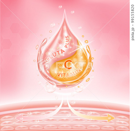 Drop serum pink gluta collagen solution serum and orange vitamin C penetrate into the skin, making the skin moist and having aura. 3D Vector EPS10 illustration. 99155820