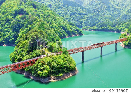静岡県　初夏の新緑と奥大井湖上駅 99155907