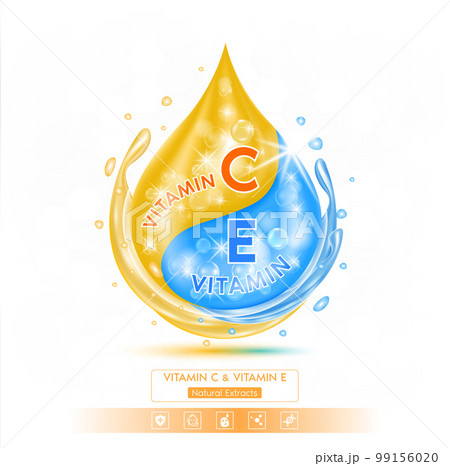 Drop blue vitamin E solution serum and orange vitamin C. On white background. Hyaluronic acid skin care ad. 3D Realistic Vector EPS10. 99156020