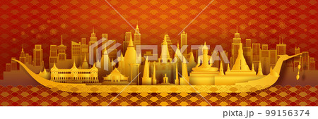 Travel landmarks Thailand traditional silhouette architecture and Thailand pattern background. 99156374