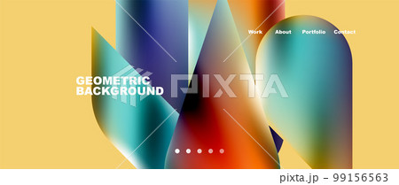 Glassmorphism landing page background template. Colorful glass shapes with metallic effect abstract composition for wallpaper, banner, background 99156563
