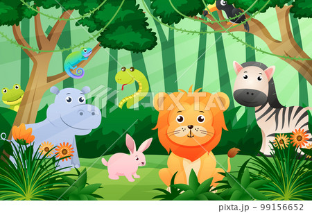 Wildlife animals in jungle scene . Kids style . Vector . Wildlife animals in jungle scene . Kids style . Vector . 99156652