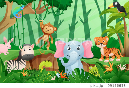 Wildlife animals in jungle scene . Kids style . Vector . Wildlife animals in jungle scene . Kids style . Vector . 99156653