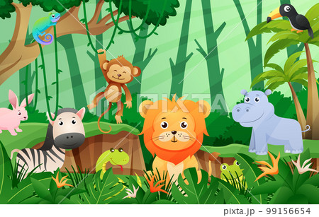 Wildlife animals in jungle scene . Kids style . Vector . Wildlife animals in jungle scene . Kids style . Vector . 99156654
