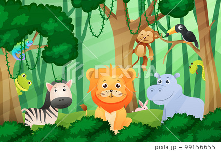 Wildlife animals in jungle scene . Kids style . Vector . Wildlife animals in jungle scene . Kids style . Vector . 99156655