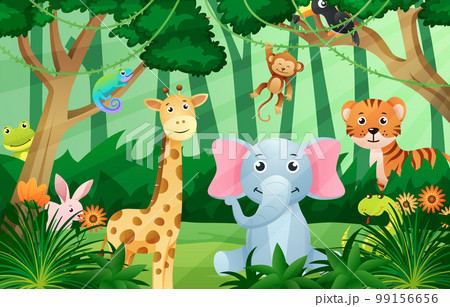Wildlife animals in jungle scene . Kids style . Vector . Wildlife animals in jungle scene . Kids style . Vector . 99156656