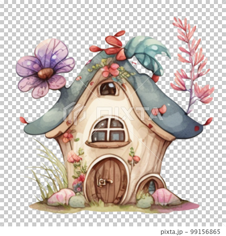 Spring Fairy Tree House with wildflowers pink purple green watercolor hand draw Spring Fairy Tree House with wildflowers pink purple green watercolor hand draw 99156865