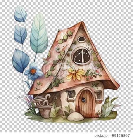 Spring Fairy Tree House with wildflowers blue brown green grass watercolor hand draw Spring Fairy Tree House with wildflowers blue brown green grass watercolor hand draw 99156867