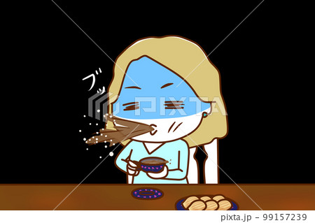 (上半身斜め)ティータイムをしていたら驚きとショックでお茶をブッと噴き出す白人女性 (上半身斜め)ティータイムをしていたら驚きとショックでお茶をブッと噴き出す白人女性 99157239
