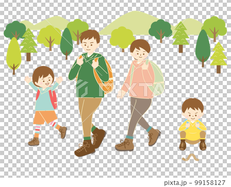 笑顔で会話を楽しみながらハイキングをする家族 99158127