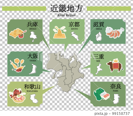 Gourmet sightseeing in the Kinki region of Japan, a map, and a set of icons Gourmet sightseeing in the Kinki region of Japan, a map, and a set of icons 99158737