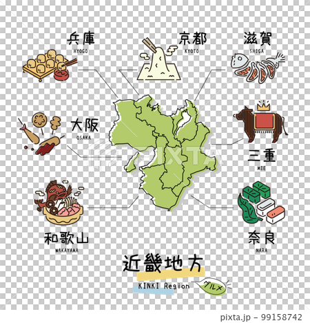 日本の近畿地方のグルメ観光とマップ、アイコンのセット（線画） 99158742