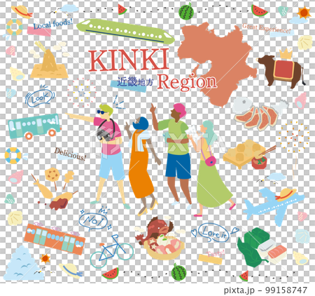 Tourists enjoying summer gourmet sightseeing in the Kinki region of Japan, set of icons (flat) Tourists enjoying summer gourmet sightseeing in the Kinki region of Japan, set of icons (flat) 99158747