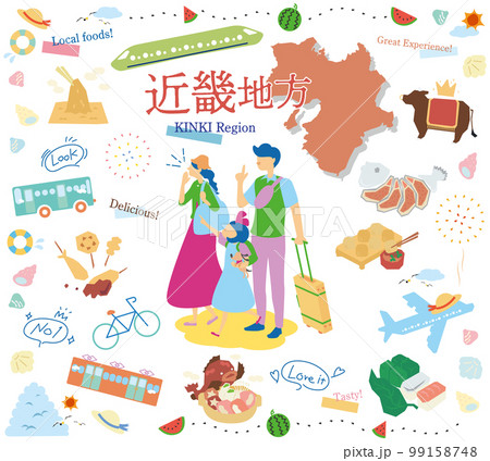 日本の近畿地方の夏のグルメ観光を楽しむ三人家族、アイコンのセット(フラット) 日本の近畿地方の夏のグルメ観光を楽しむ三人家族、アイコンのセット(フラット) 99158748