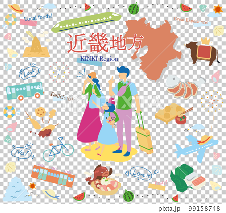 日本の近畿地方の夏のグルメ観光を楽しむ三人家族、アイコンのセット（フラット） 99158748