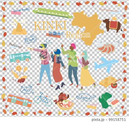 Tourists enjoying autumn gourmet sightseeing in the Kinki region of Japan, set of icons (flat) 99158751