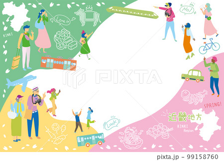 日本の近畿地方の春のグルメ観光を楽しむ観光客、アイコンのセット（フラット） 99158760