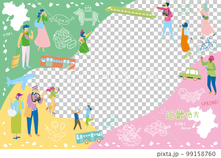 遊客在日本近畿地區享受春季美食觀光，一組圖標（平面） 99158760