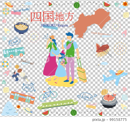 在日本四國地區享受夏季美食觀光的一家三口，一組圖標（平面） 99158775