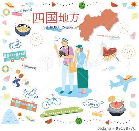 日本の四国地方の夏のグルメ観光を楽しむシニア夫婦、アイコンのセット(フラット) 日本の四国地方の夏のグルメ観光を楽しむシニア夫婦、アイコンのセット(フラット) 99158776