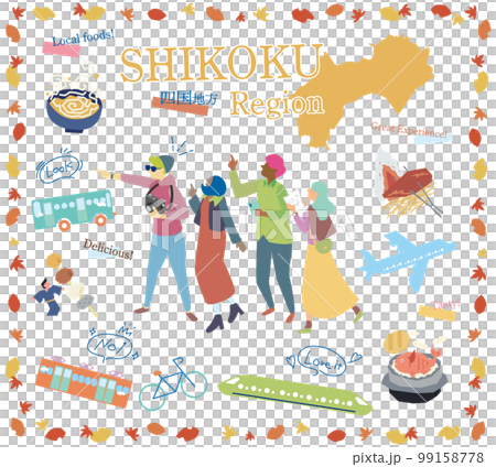 Tourists enjoying autumn gourmet sightseeing in the Shikoku region of Japan, set of icons (flat) 99158778