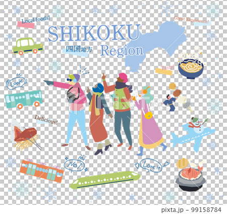 遊客在日本四國地區享受冬季美食觀光，一組圖標（平面） 99158784