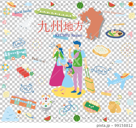 A family of three who enjoys summer gourmet sightseeing in the Kyushu region of Japan, a set of icons (flat) A family of three who enjoys summer gourmet sightseeing in the Kyushu region of Japan, a set of icons (flat) 99158812
