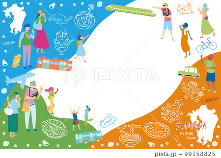 日本の九州地方の夏のグルメ観光を楽しむ観光客、アイコンのセット（フラット） 99158825