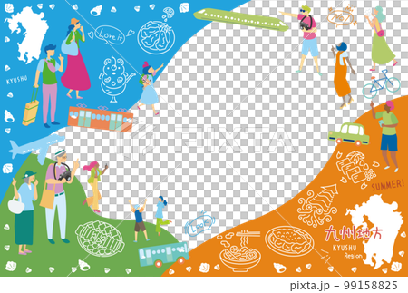 日本の九州地方の夏のグルメ観光を楽しむ観光客、アイコンのセット（フラット） 99158825