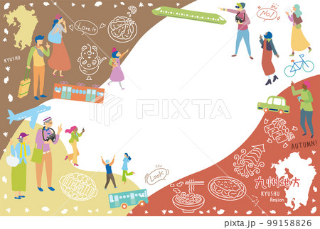 日本の九州地方の秋のグルメ観光を楽しむ観光客、アイコンのセット（フラット） 99158826