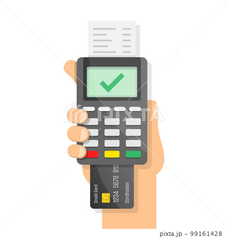 Male hand holding POS payment machine icon in flat style. Online payment vector illustration on isolated background. Banking transaction sign business concept. 99161428