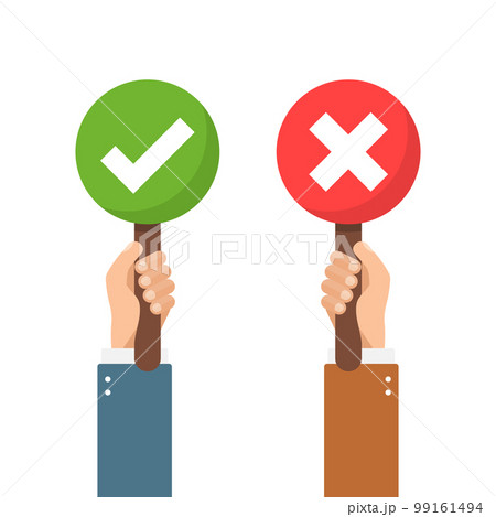 Hands hold signboard icon in flat style. Right and wrong feedback vector illustration on isolated background. Yes, no sign business concept. 99161494