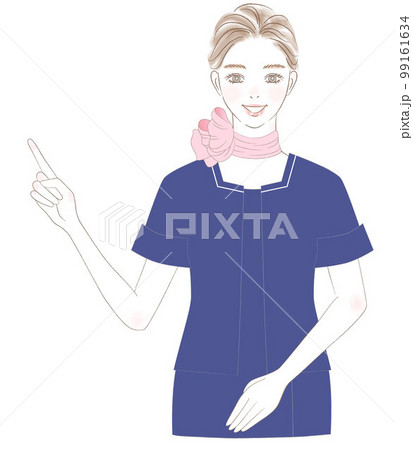 笑顔で指差し紹介するキャビンアテンダントの女性上半身イラスト 笑顔で指差し紹介するキャビンアテンダントの女性上半身イラスト 99161634
