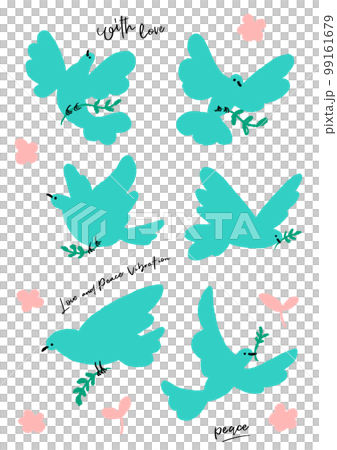 一隻鴿子的簡單極簡主義手繪插圖，它是和平的象徵，嘴裡叼著一根橄欖樹枝飛翔。 99161679