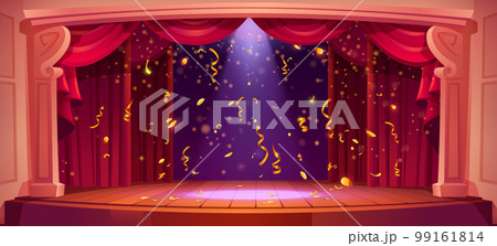 Theater stage with red curtain, light and confetti 99161814
