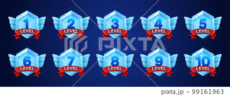 Game ice badges with level number, red ribbon 99161963