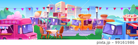 Street food market in city park with food trucks Street food market in city park with food trucks 99161986