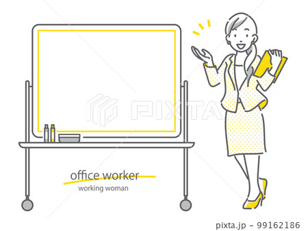 ホワイトボードを使って説明をする女性社員　シンプルでお洒落な線画イラスト 99162186