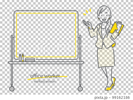 ホワイトボードを使って説明をする女性社員　シンプルでお洒落な線画イラスト 99162186