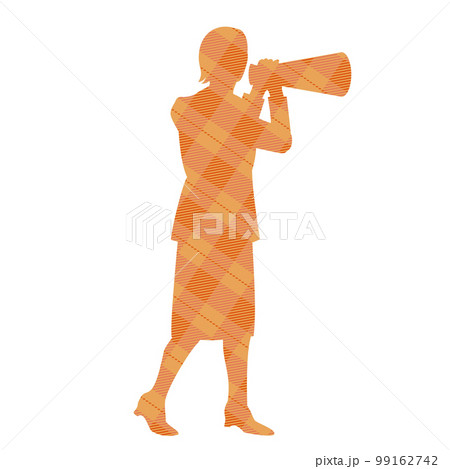 メガホンを使うビジネスウーマンのシルエット　チェック柄 99162742