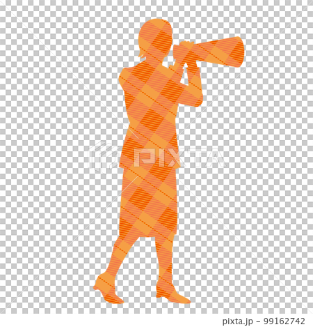 メガホンを使うビジネスウーマンのシルエット　チェック柄 99162742