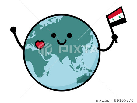 トルコ・シリア地震支援　シリアの国旗を持って応援する地球のイラスト