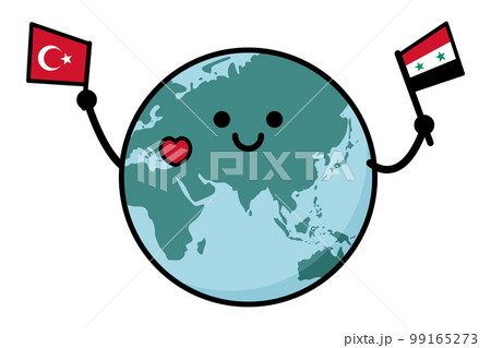 トルコ・シリア地震支援　トルコとシリアの国旗を持って応援する地球のイラスト