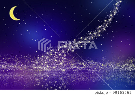 三日月と天の川が湖面に反射する星空の背景イラスト 三日月と天の川が湖面に反射する星空の背景イラスト 99165563