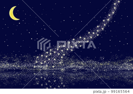 三日月と天の川が湖面に反射する星空の背景イラストのイラスト素材