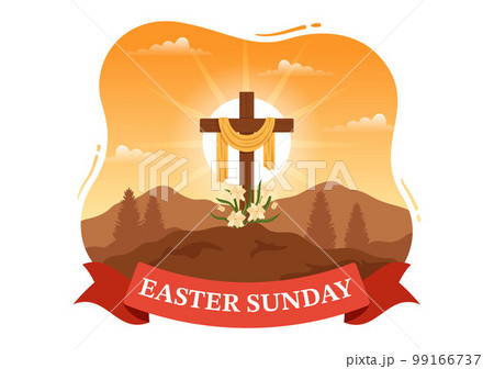 Happy Easter Sunday Day Illustration with Jesus, He is Risen and Celebration of Resurrection for Web Banner or Landing Page in Hand Drawn Templates Happy Easter Sunday Day Illustration with Jesus, He is Risen and Celebration of Resurrection for Web Banner or Landing Page in Hand Drawn Templates 99166737