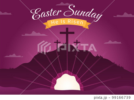 Happy Easter Sunday Day Illustration with Jesus, He is Risen and Celebration of Resurrection for Web Banner or Landing Page in Hand Drawn Templates 99166739
