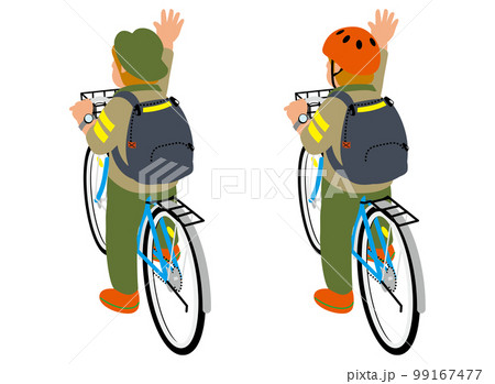 斜め後ろから見た自転車にまたがり手を振るリュックを背負ったミドル 99167477